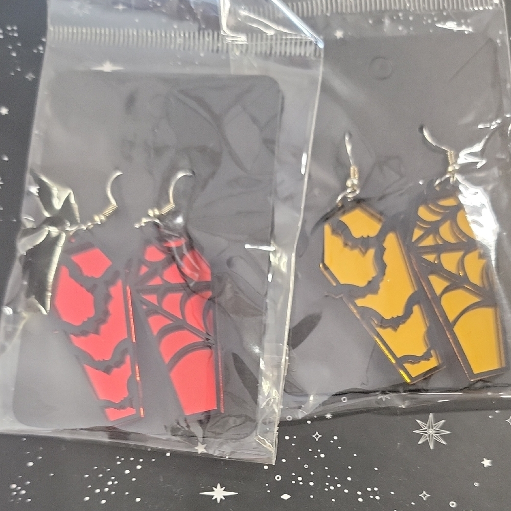Red and Yellow Coffin Earrings with Spider Web Design